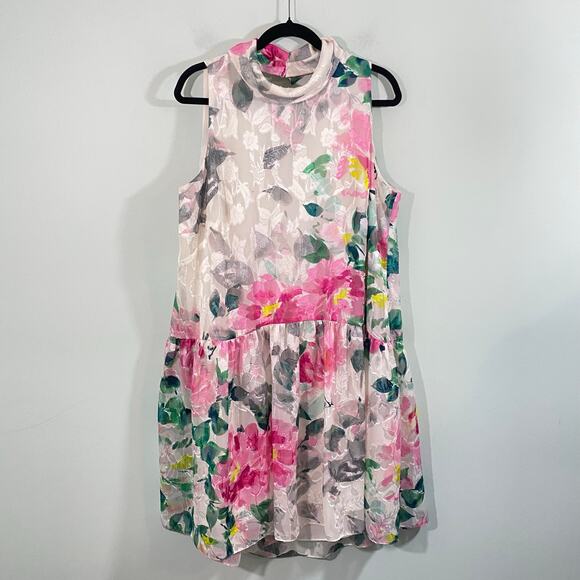 Eliza J Watercolor Floral Crepe De Chine Sleeveless Collared Dress Size 16W - Picture 1 of 7